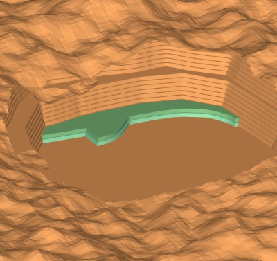 A model of an open pit showing two separate Boolean results, at different levels of the mine.