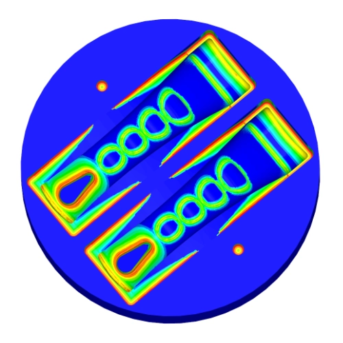 A 3D mesh model of a manufacturing mold. All the surface regions that can be reached with a 10mm cutter are shaded in dark blue. Regions that require smaller cutters are shaded using a colour map, from green to red as the radius decreases.