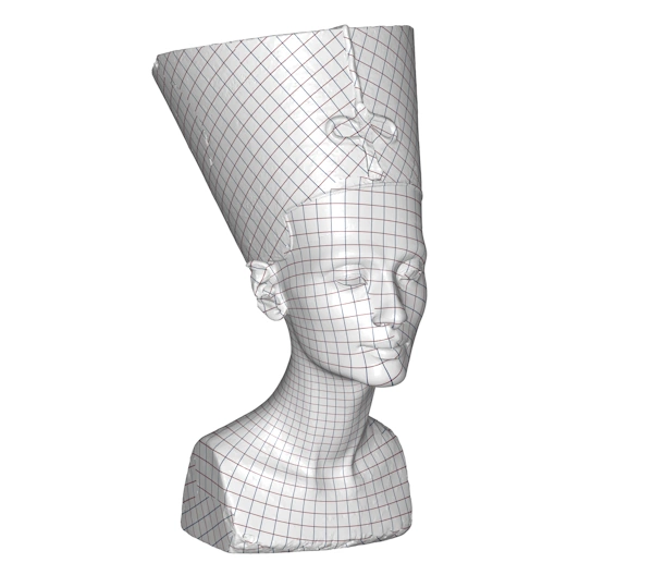 A 3D mesh model of a bust of Nefertiti, from a laser scan. The model has a grid texture wrapped onto it. The squares on the grid follow the curvature of the model and are uniformly sized with low distortion. Some seams are visible but not many.