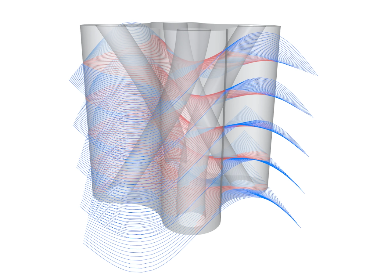 A transparent 3D mesh model with tunnels, surrounded by and intersected by sinusoidal curves. The curves are coloured red if inside the model, and blue if outside