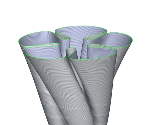 A 3D mesh model of a complex curved vase, with an open boundary  at the top