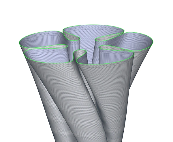 A 3D mesh model of a complex curved vase. The top of the vase has been extended tangetially by the addition of two new layers
