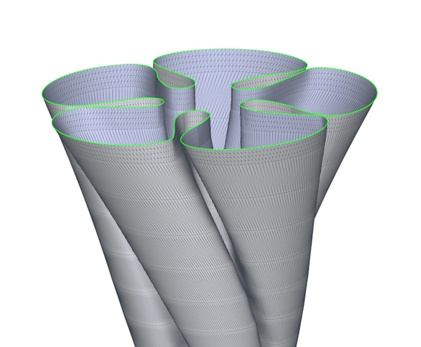 A 3D mesh model of a complex curved vase. The top of the vase has been extended tangetially by the addition of two more new layers, making four new layers in total