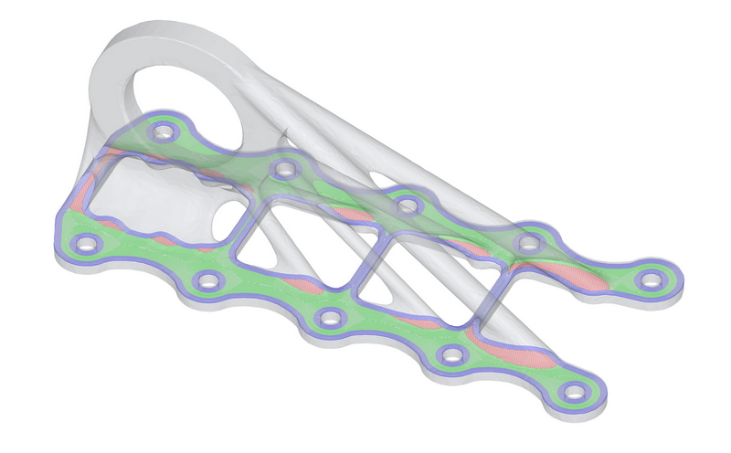 A transparent image of a lightweighted bracket, showing one layer of hatch and infill, with different colours representing different regions.