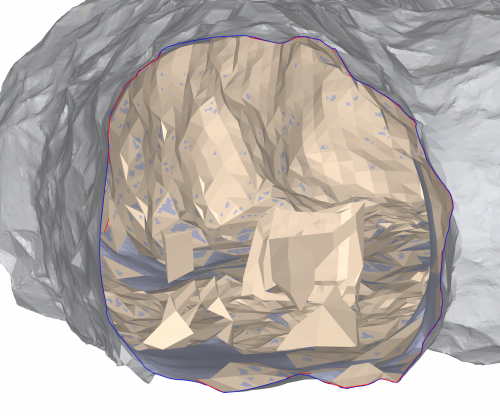 A vertical cross section of both the original tunnel mesh and the wrap is shown. Internal noise is visible. The cross section boundaries are highlighed in red and blue to show how close the wrap is to the original.