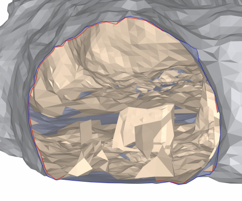 A vertical cross section of both the original tunnel mesh and the wrap is shown. Internal noise is visible. The cross section boundaries are highlighed in red and blue to show how close the wrap is to the original.